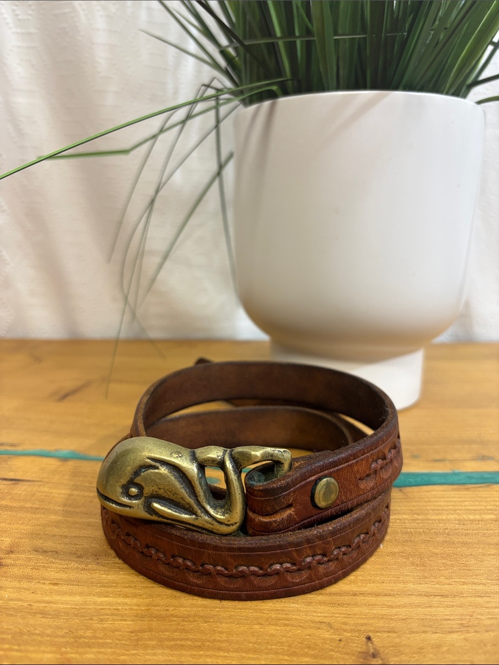 Vintage solid brass belt tooled leather Scott Nelles 70’s